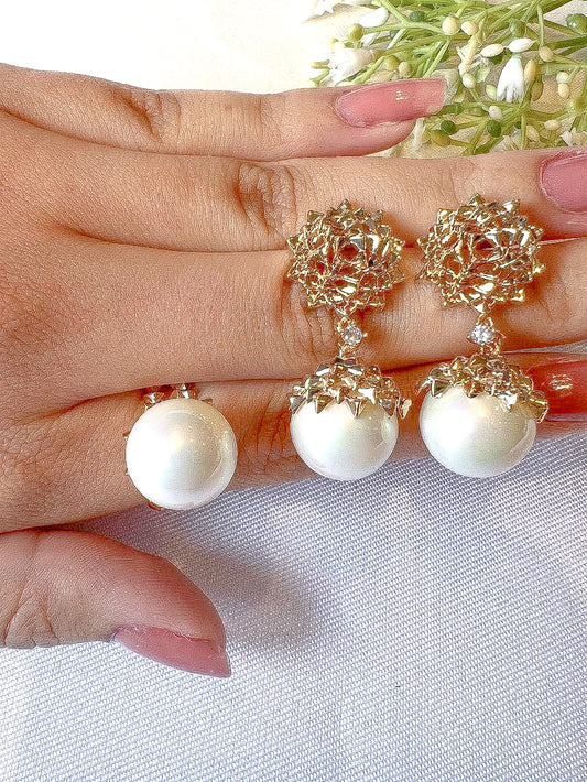 Conjunto - Conjunto Brinco e Anel  de perola e detalhe organico