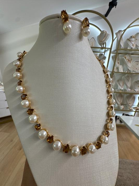 Conjunto - Chocker Cravejada marrom com gotas e Perolas - capuchino