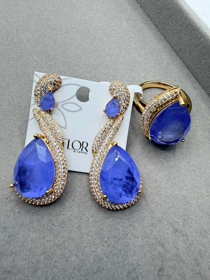 Conjunto de Brinco e Anel #20 Em Pedra Fusion Roxo