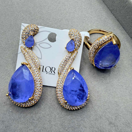 Conjunto de Brinco e Anel #20 Em Pedra Fusion Roxo
