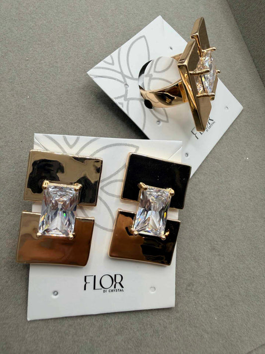 Conjunto - Conjunto de Brinco e Anel quadrado liso com Zirconia