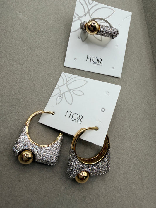 Conjunto - Conjunto de Brinco e Anel quadrado cravejado com Esfera dourada