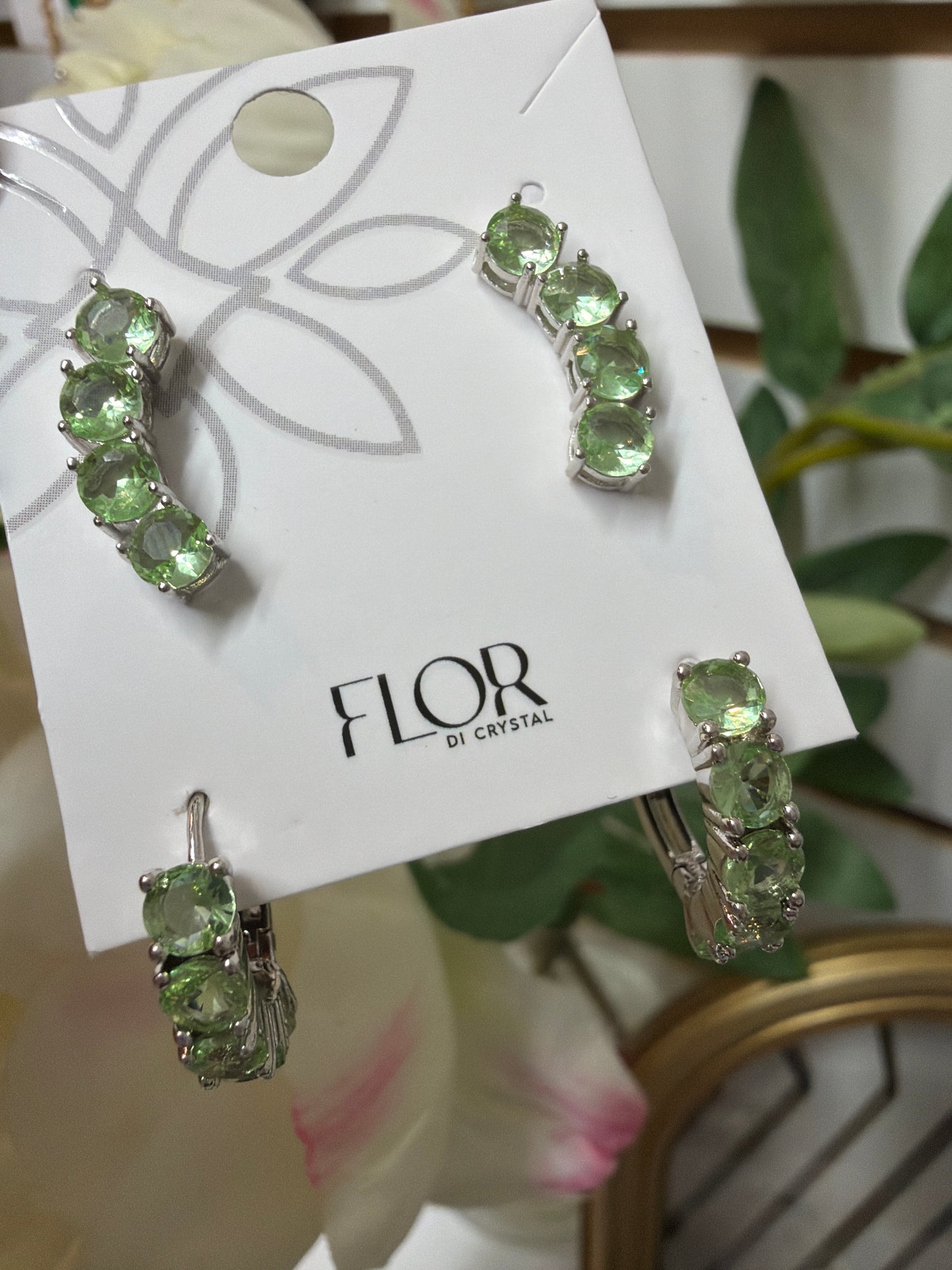 Brinco - Duo de argola e earcuff verde maca Banho Ródio