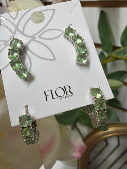 Duo de argola e earcuff verde maca Banho Ródio