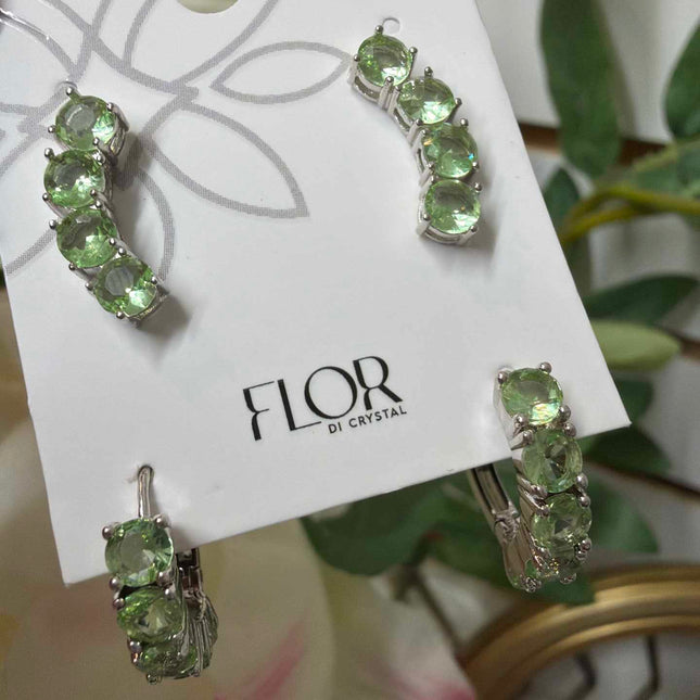 Duo de argola e earcuff verde maca Banho Ródio