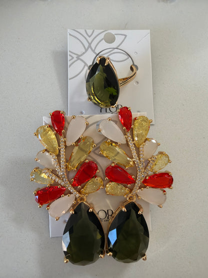 Large Luxury earing and ring in orange and green
