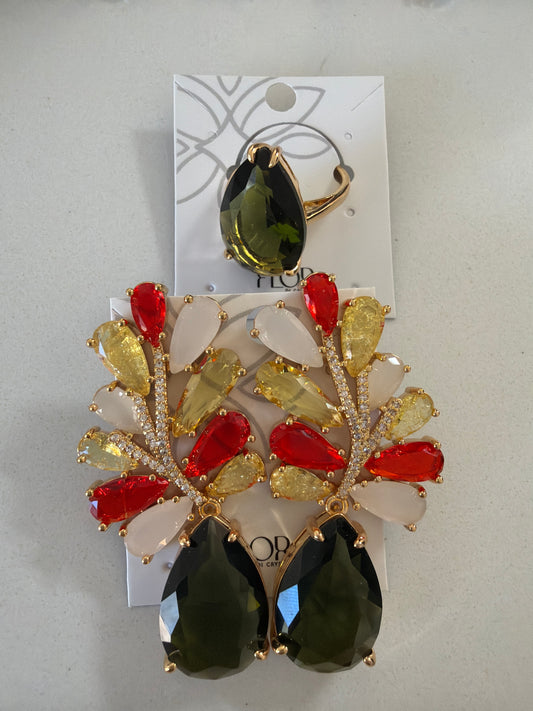 Large Luxury earing and ring in orange and green
