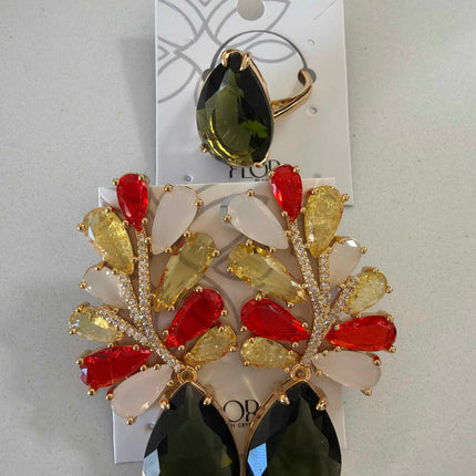 Large Luxury earing and ring in orange and green
