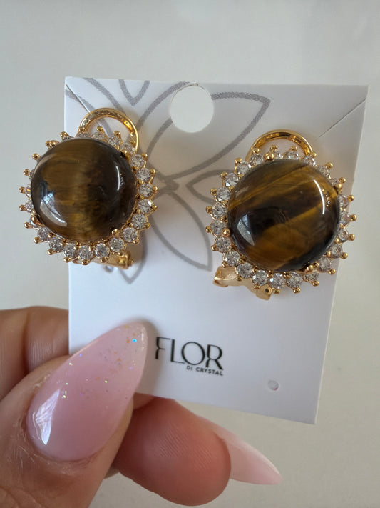 Large Cat’s Eye Stone Halo Stud Earrings Brown
