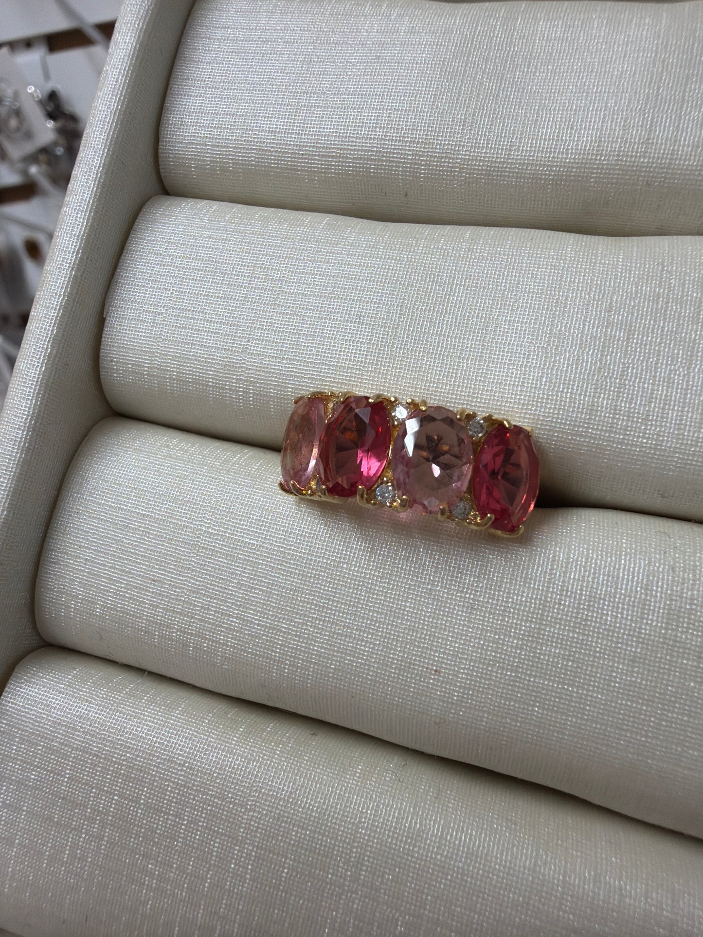 Anel - Anel meia alianca medio Rubelita, rosa e zirconias- regulavel