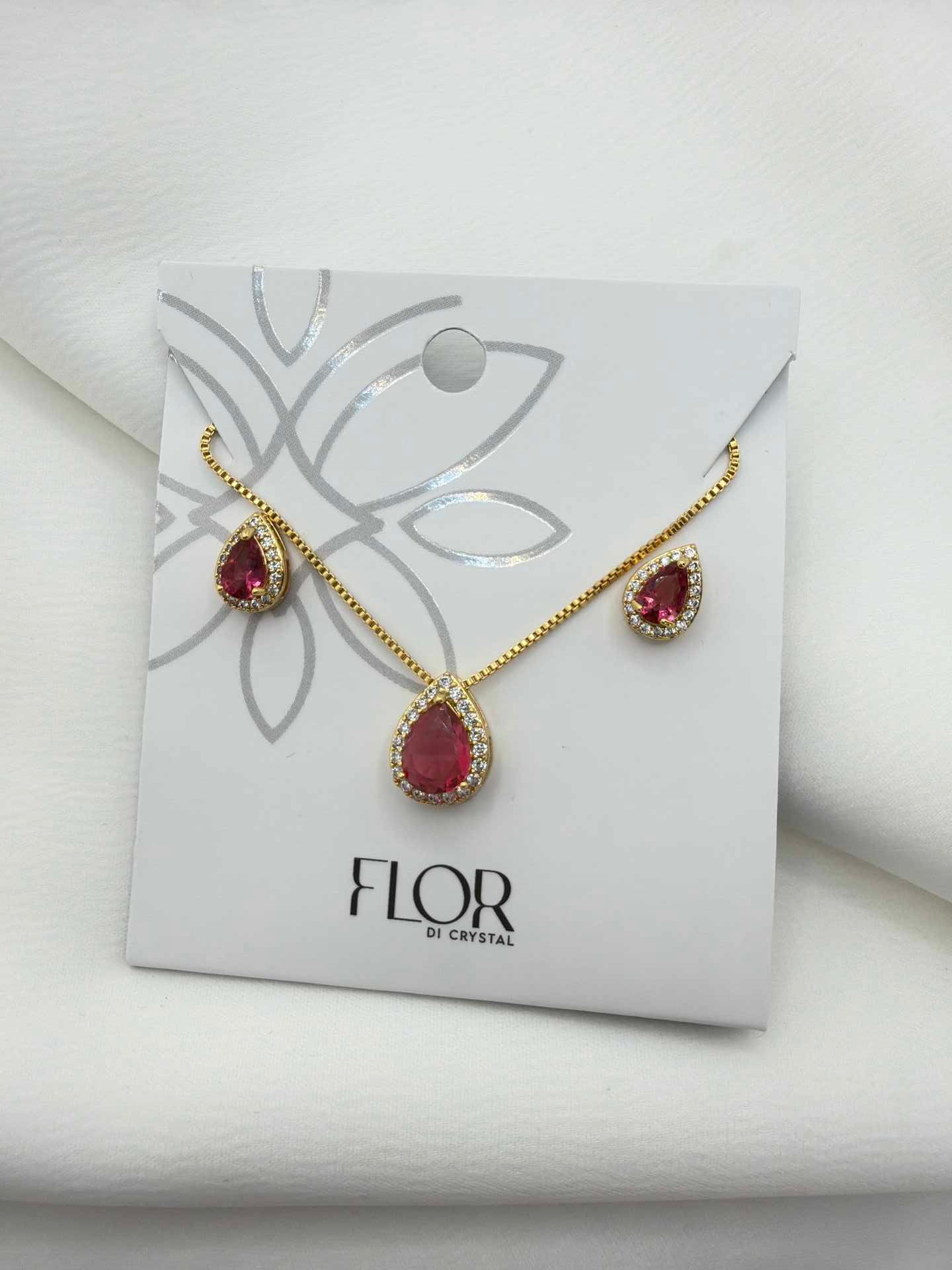 Luxury teardrop red cz Necklace & Earring Set