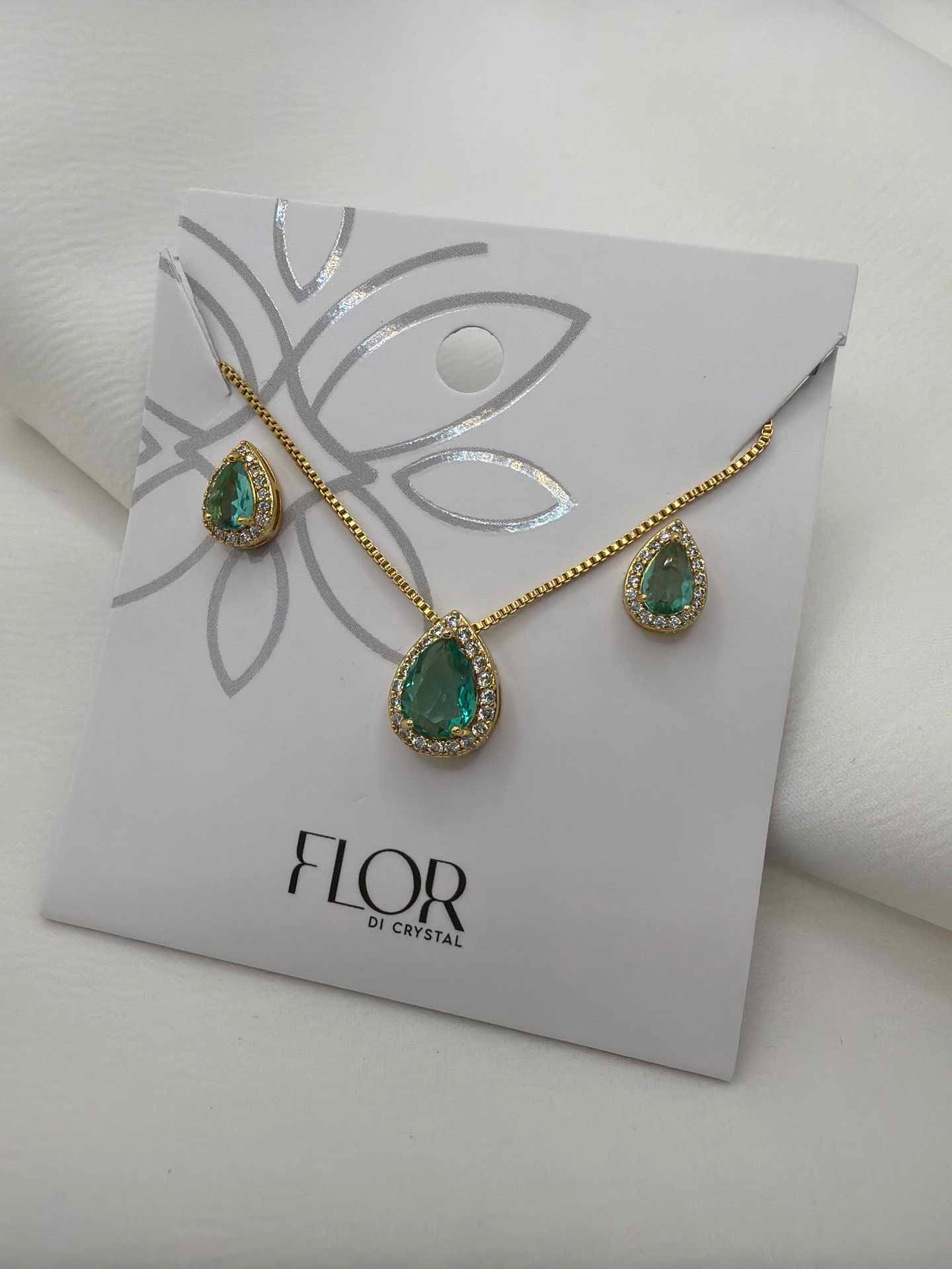 Luxury teardrop green cz Necklace & Earring Set
