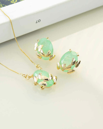 Luxury teardrop Emerald green fusion cz Necklace & Earring Set with butterflies