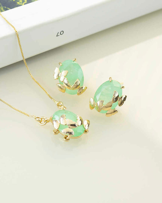Luxury teardrop Emerald green fusion cz Necklace & Earring Set with butterflies