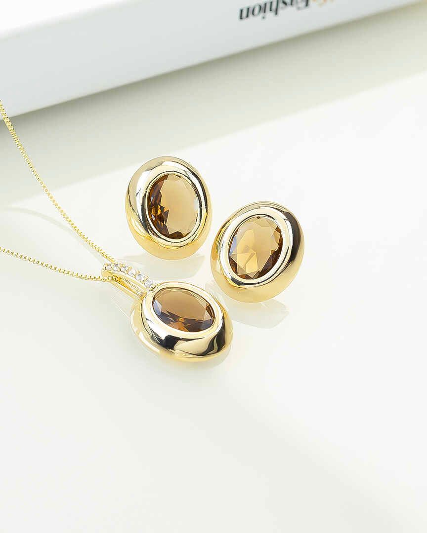 Luxury Brown oval cz necklace & Earring Set with pave detail 