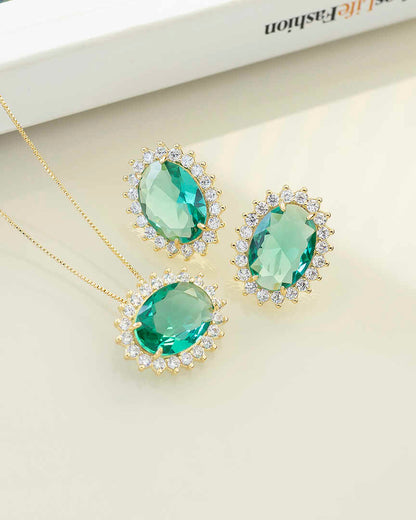Luxury oval  green cz necklace & Earring Set with pave detail 