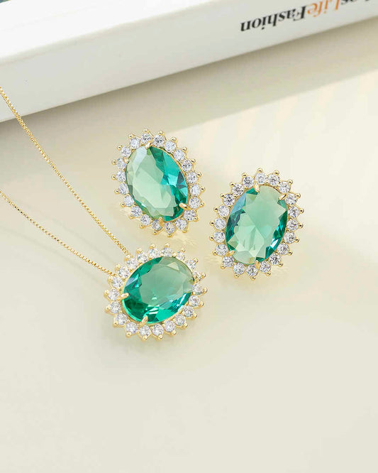 Luxury oval  green cz necklace & Earring Set with pave detail