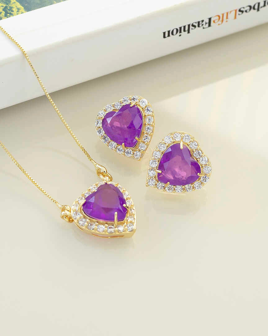 Heart fuchia purple cz  Necklace & Earring Set with pave detail