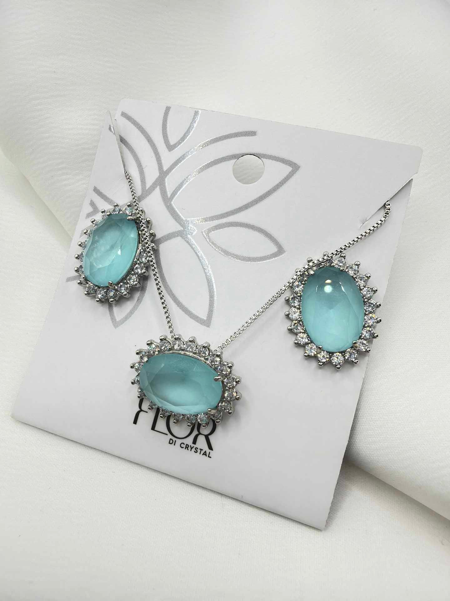 Luxury oval  green cz necklace & Earring Set with pave detail 
