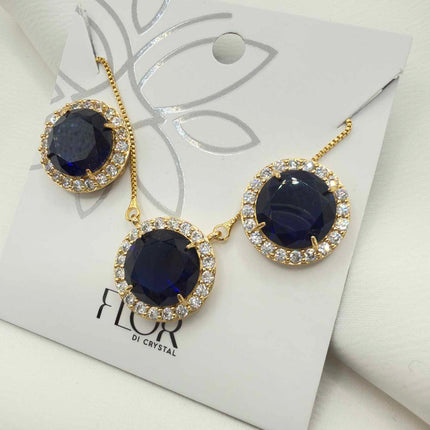Luxury round Safire blue cz necklace & Earring Set with pave detail 