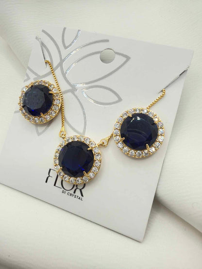 Luxury round Safire blue cz necklace & Earring Set with pave detail