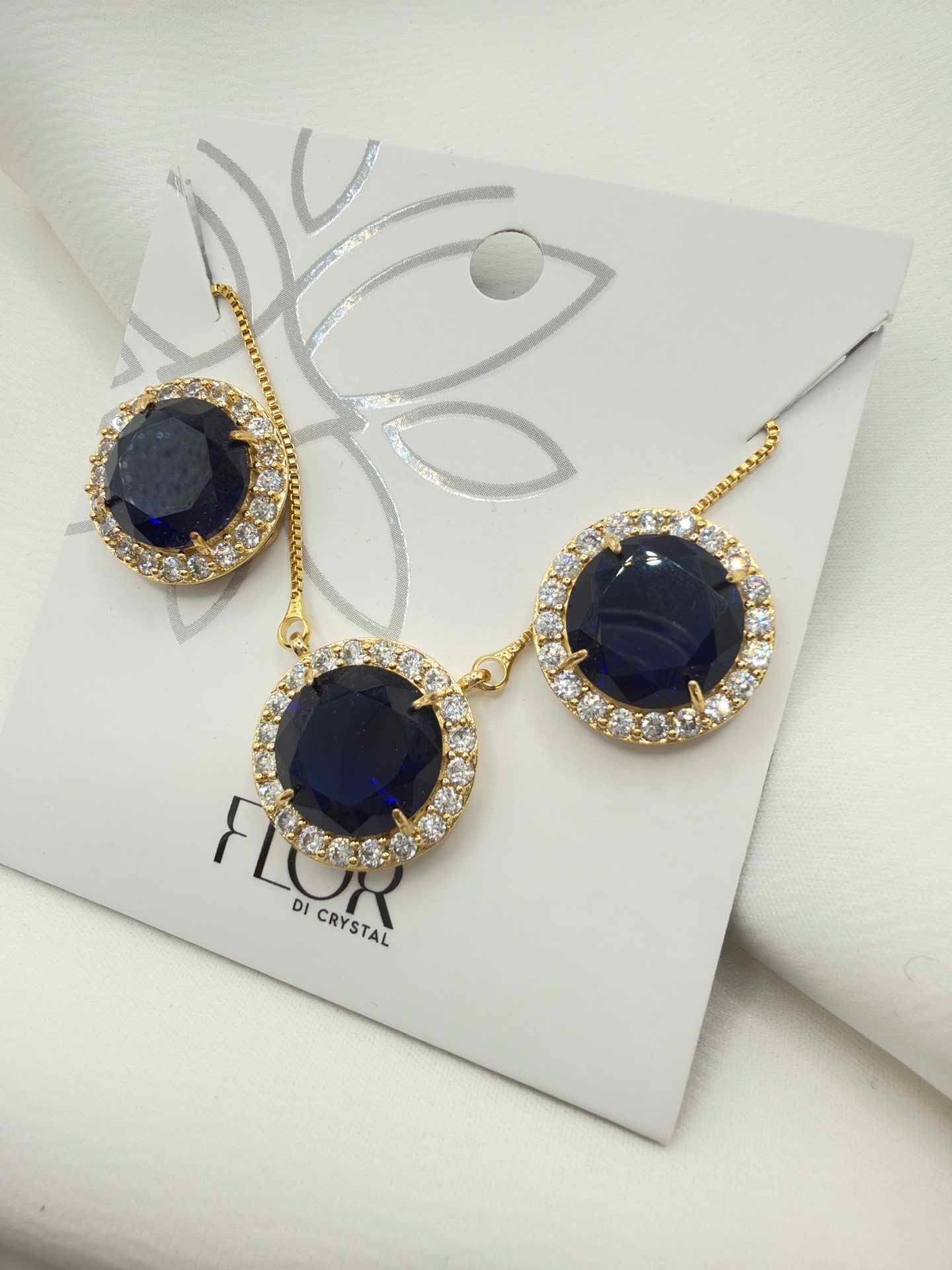 Luxury round Safire blue cz necklace & Earring Set with pave detail 