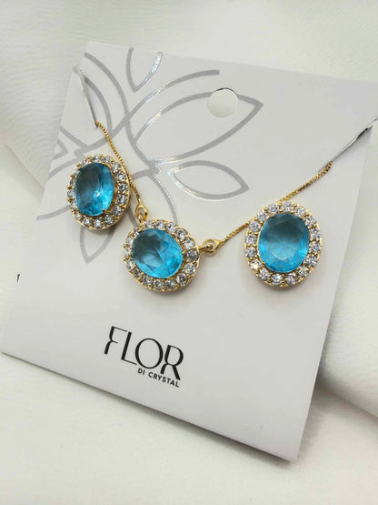 Luxury oval blue cz necklace & Earring Set with pave detail 