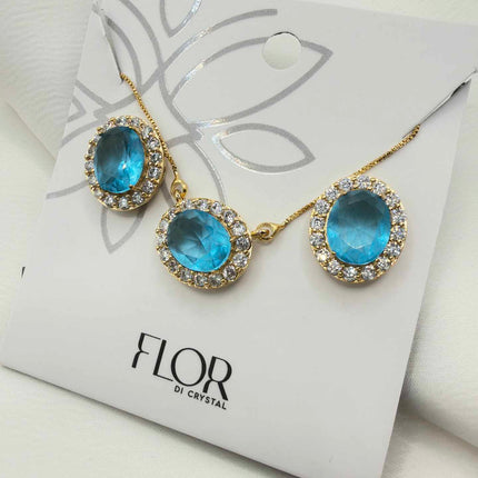 Luxury oval blue cz necklace & Earring Set with pave detail 