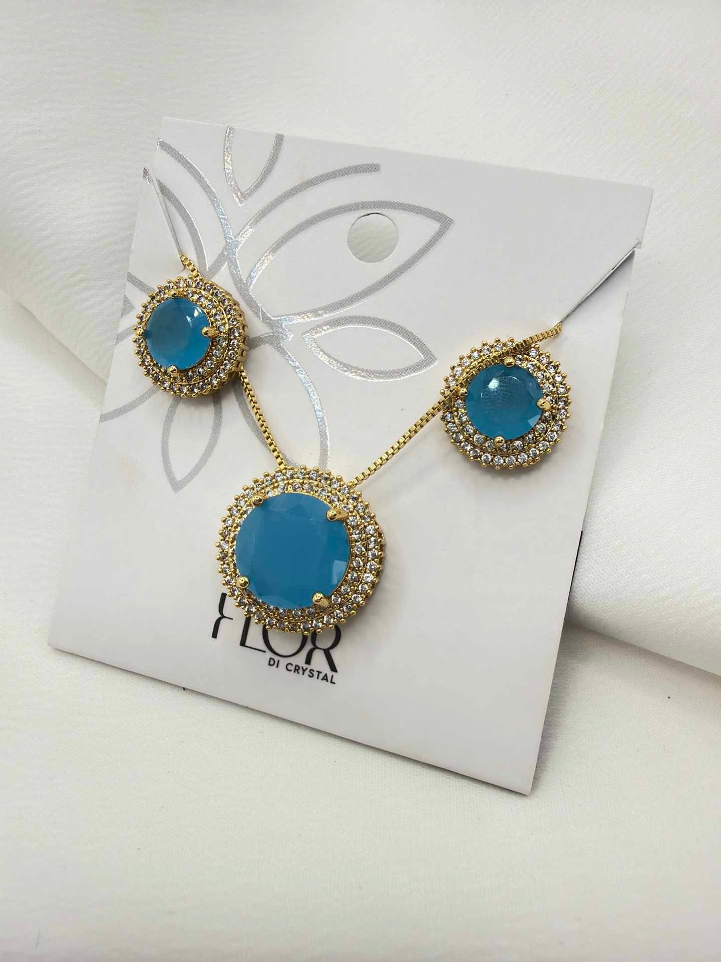 Luxury round Safire blue cz necklace & Earring Set with pave detail 
