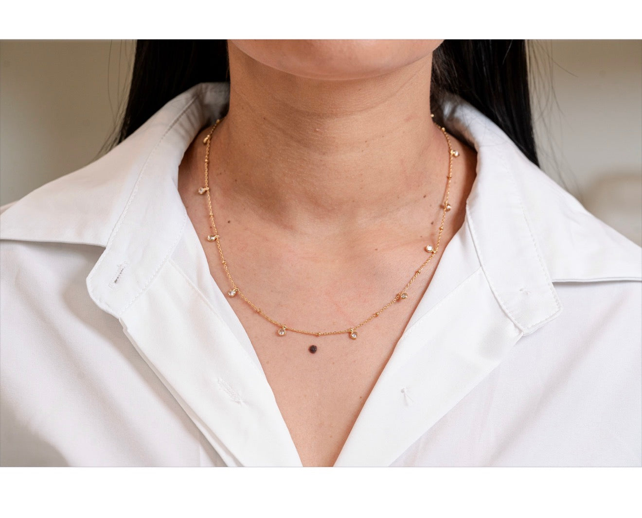Delicate ball bead chain necklace with CZ