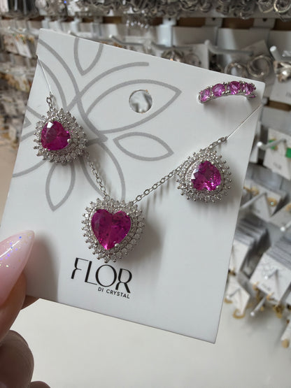 Fuchia Heart earing and necklace set with cz