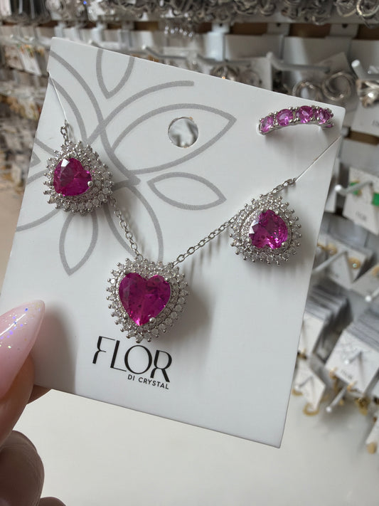 Fuchia Heart earing and necklace set with cz