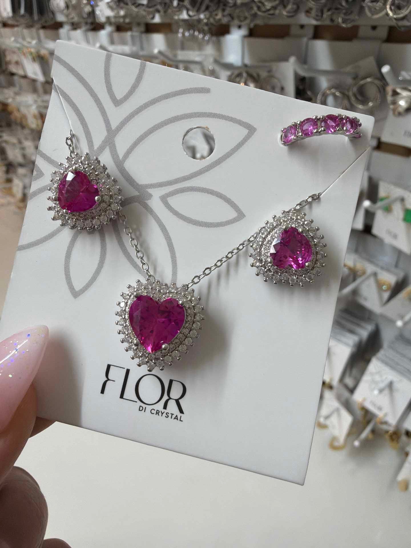 Fuchia Heart earing and necklace set with cz