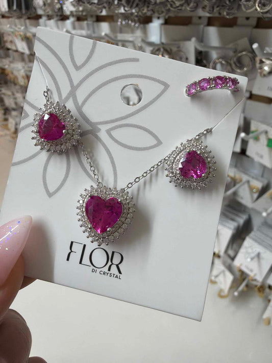 Fuchia Heart earing and necklace set with cz