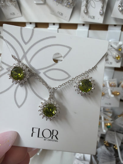 Clear periodot cz earing and necklace set with cz