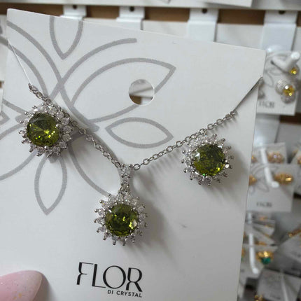 Clear periodot cz earing and necklace set with cz