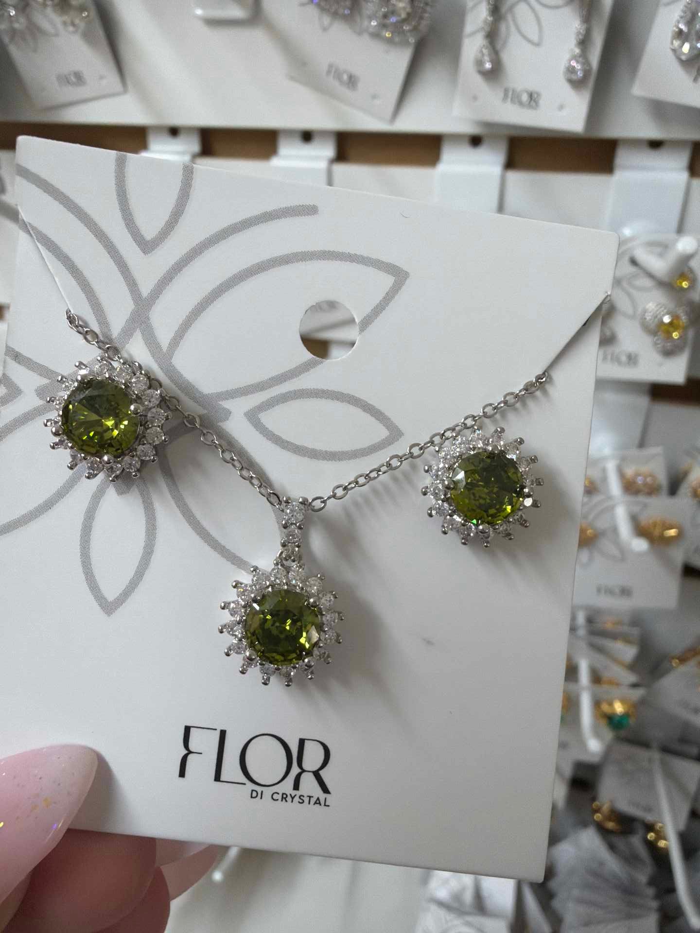 Clear periodot cz earing and necklace set with cz