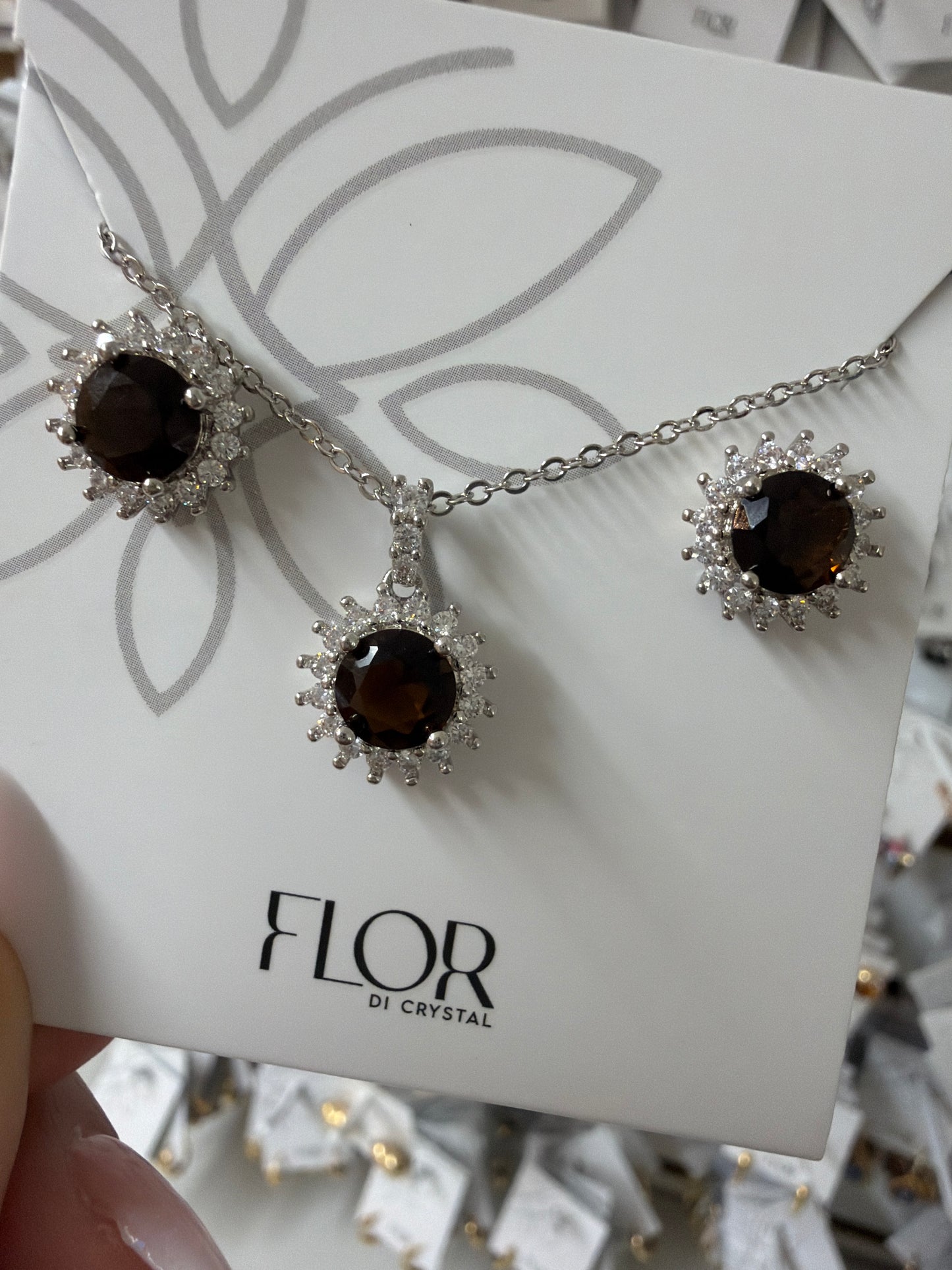 Clear Mocha cz earing and necklace set with cz