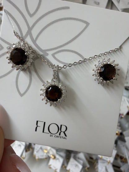 Clear Mocha cz earing and necklace set with cz