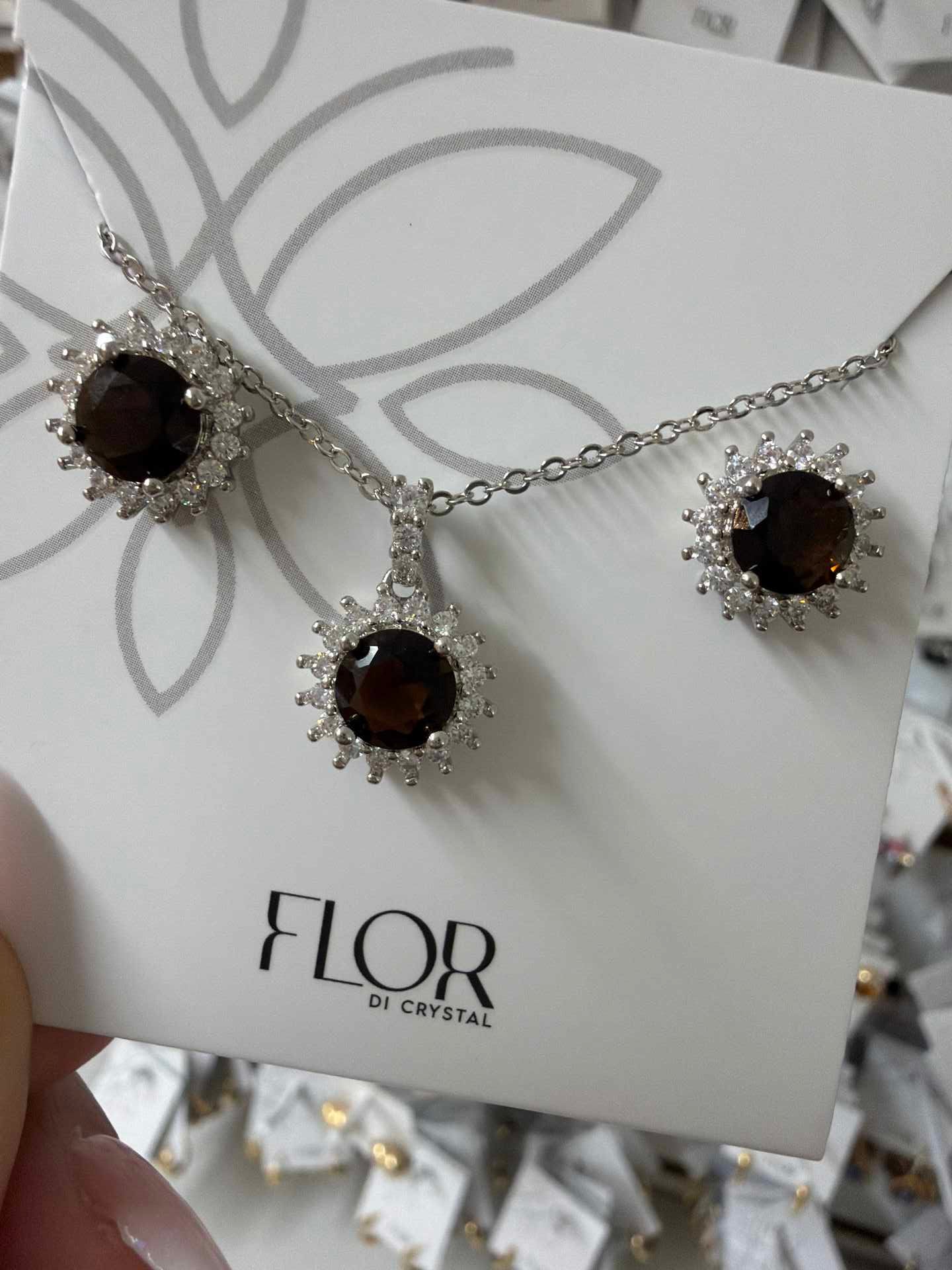 Clear Mocha cz earing and necklace set with cz