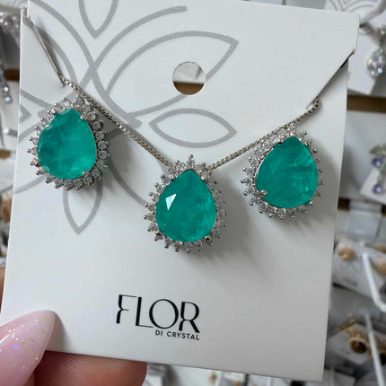 Clear Teardrop earing and necklace green fusion