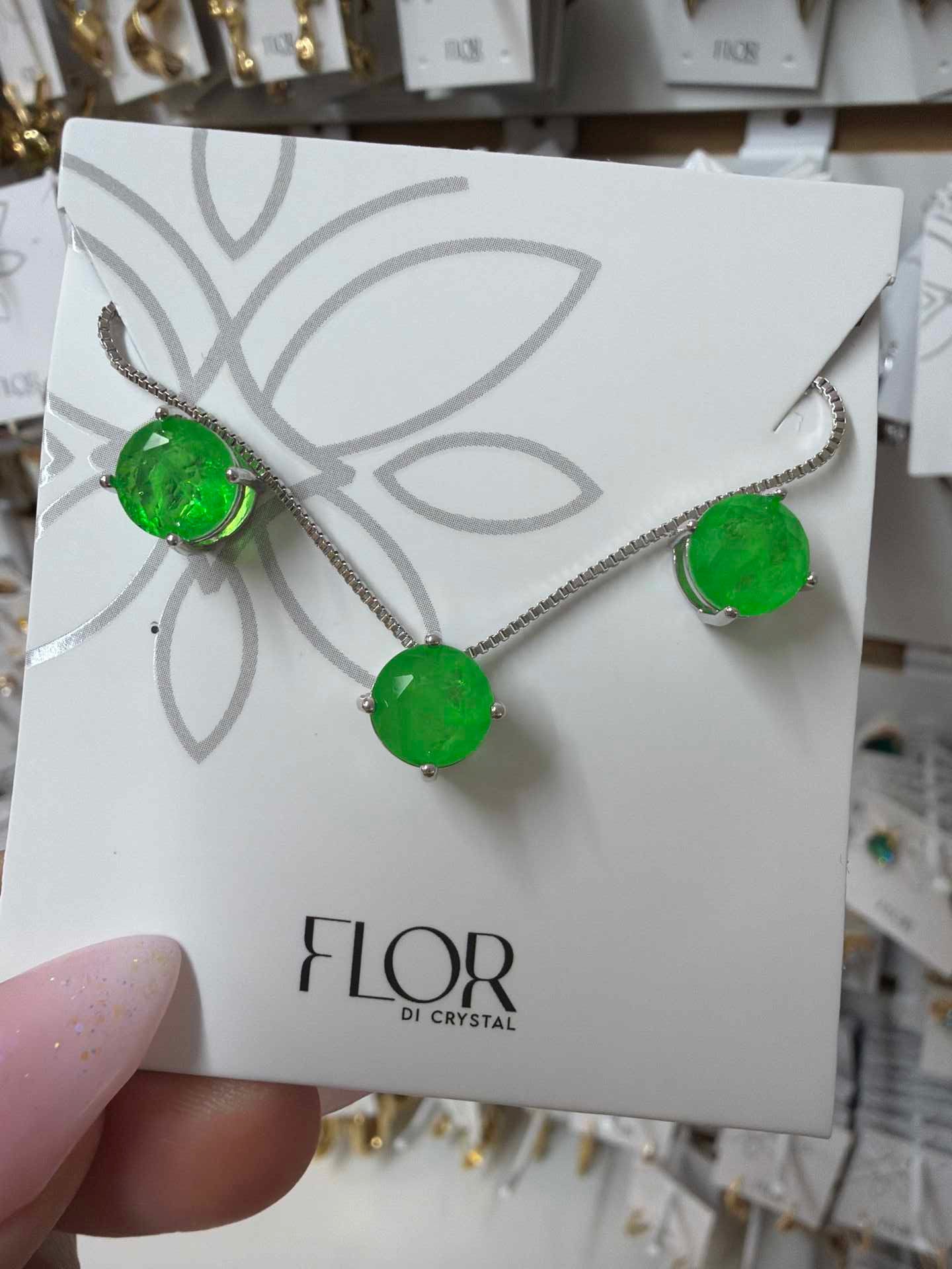 CZ Earring and necklace set  electric green