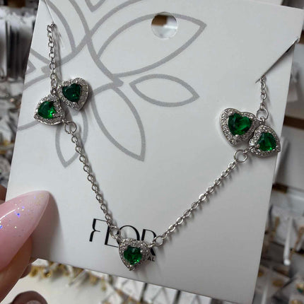 Emerald delicate heart earing  necklace set in cz