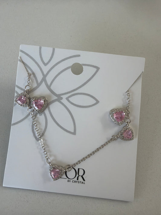 PINK delicate heart earing  necklace set in cz