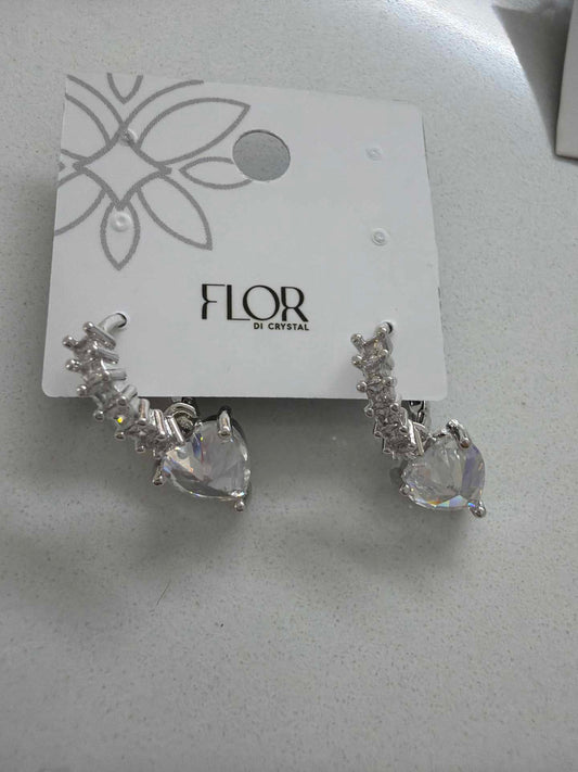 Paved hoop earings with clear heart pendant