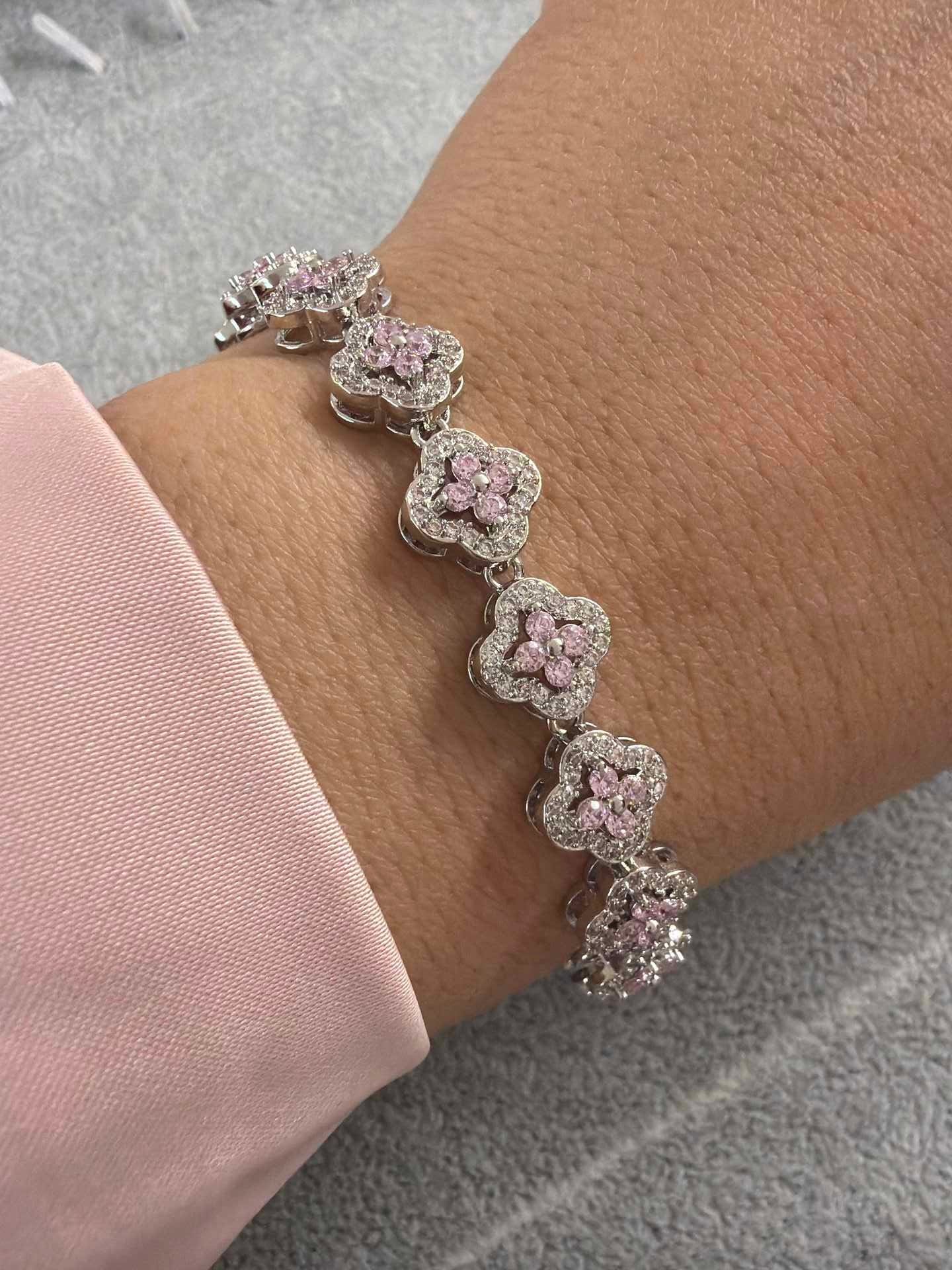 Pink Clover Bracelet with paved cz
