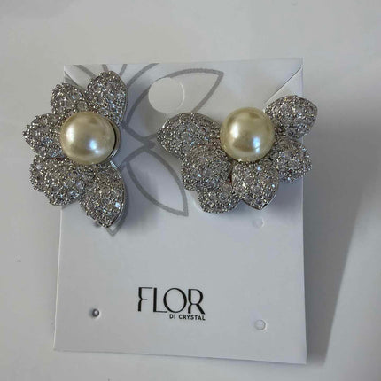 Half Flower earing with pearl detail in cz pave