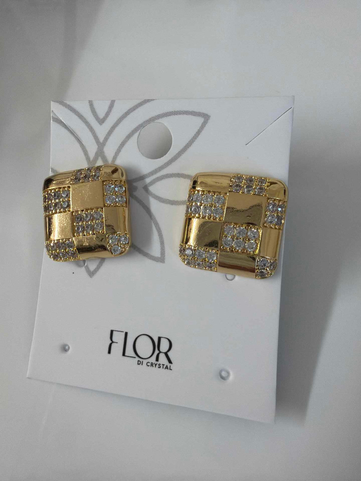 square checker earing  cz pave