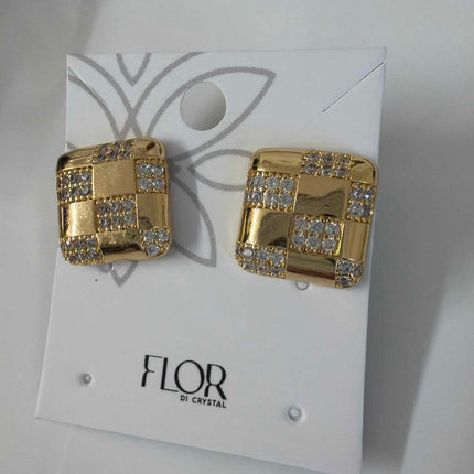 square checker earing  cz pave