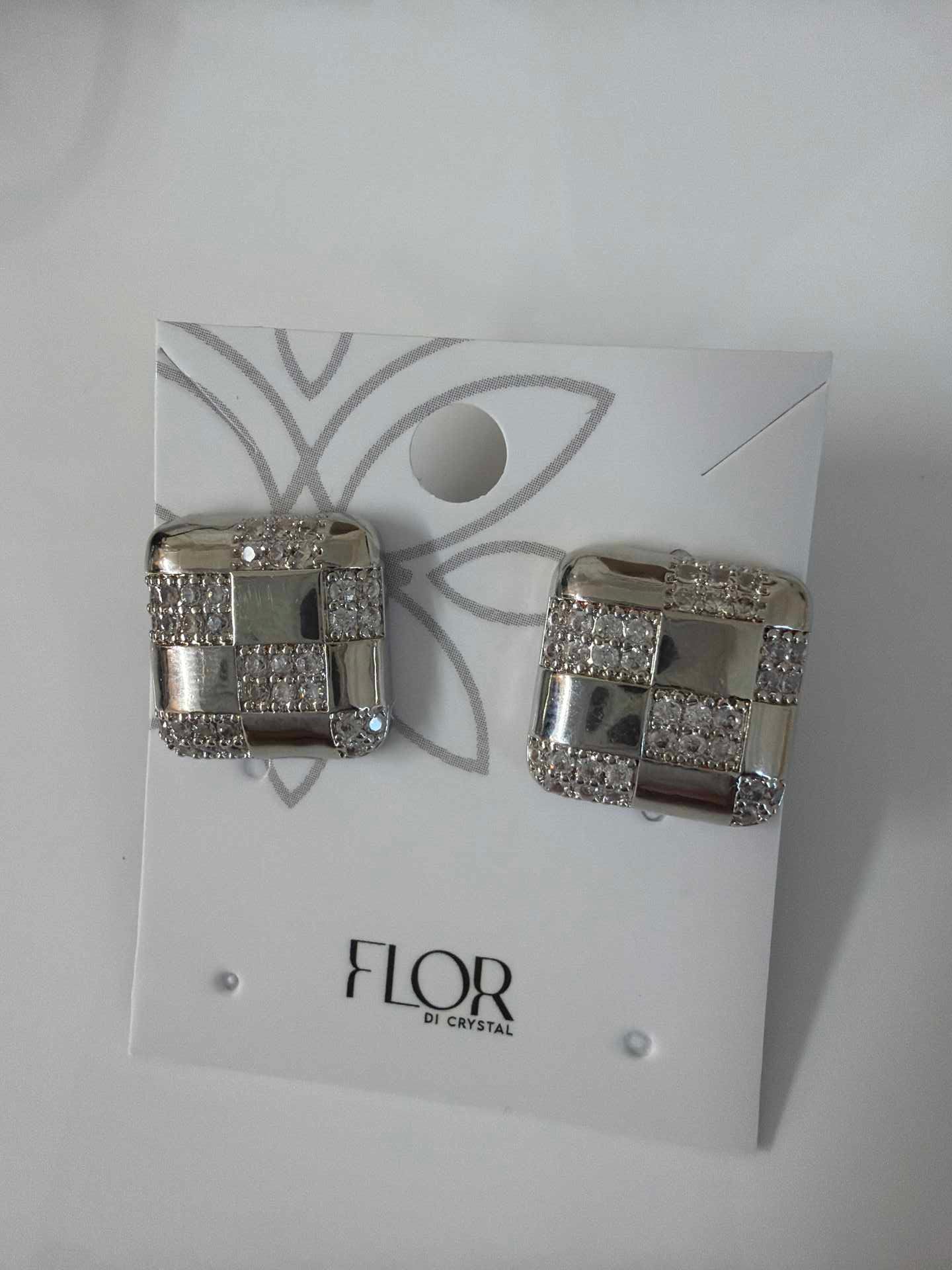 square checker earing  cz pave